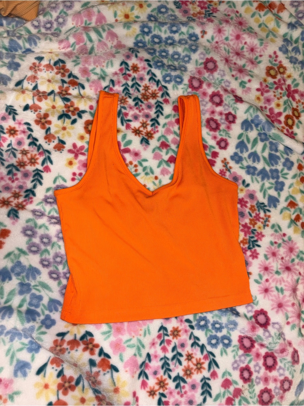 Orange Ribbed V-Neck Crop Tank Top